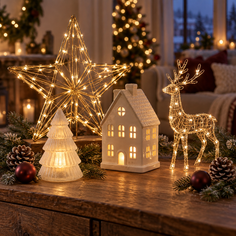 Weißer keramik weihnachtshaus laterne mit beleuchteten fenstern und strukturierter dach in beleuchtete dekoration
