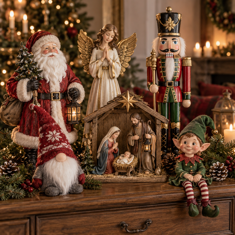 Roter und weißer gestrickter mütze mit schneeflockenmuster auf zwergfigur aus der sammlung weihnachtsfiguren