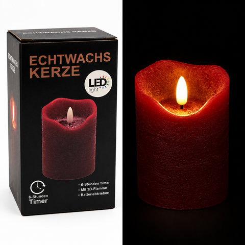 LED Echtwachskerze "3D Flamme" 7.5x15cm rot