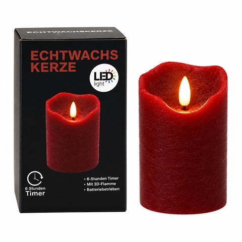 Led echtwachskerze rot mit 3d flamme realistische flammeffekt und strukturierte wachsoberfläche 7.5x12.5cm