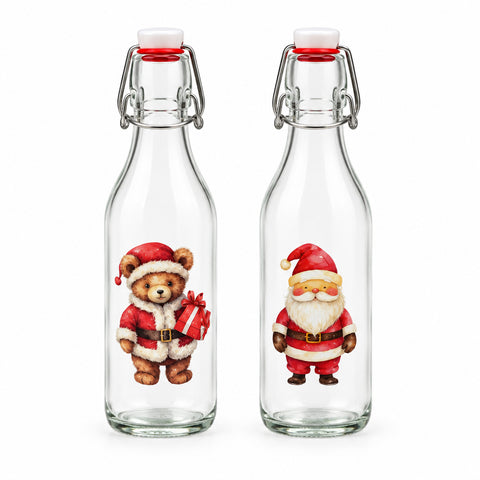 Klare glas bügelverschlussflaschen 250ml mit silbernen metallscharnieren und roten dichtungen, weihnachtliche motive teddy und weihnachtsmann