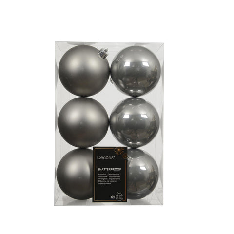 Six bruchfeste kugeln 8 cm warmgrau in glänzend und matt mit metallschlaufe im transparenten paket