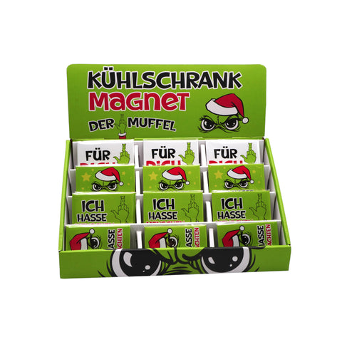 Grüner kühlschrankmagnet festtags-muffel mit cartoon grinch in weihnachtsmütze und brille, 9x6,5 cm