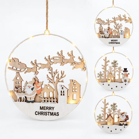 Ring 20cm led holz weiß rundanhänger mit lasergravur santa rentier häuser warmen led lichtern beleuchtet