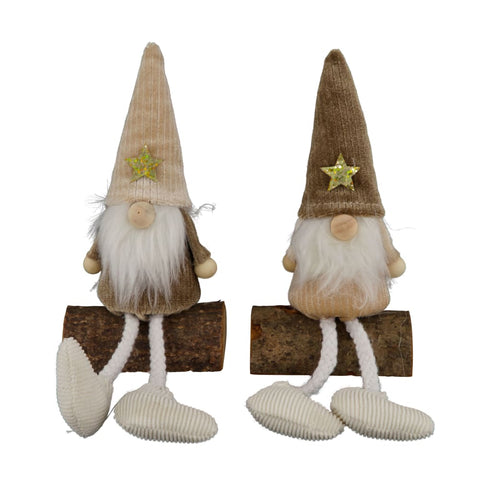 Zwei rustikale gnome 14 cm mit spitzen hut goldstern, weißem bart und beigebraunem kordstoffkörper
