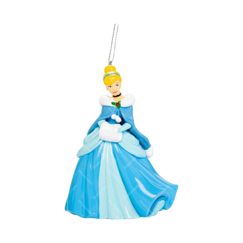 Glänzende blaue disney baumschmuck cinderella figur mit weißem fellkragen und handschuhen aus glas