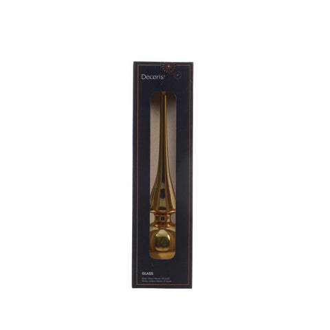 Goldfarbene glas baumspitze glanz mit schlankem zulauf und abgerundetem fuß als dekorativer weihnachtsschmuck