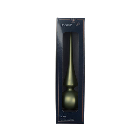 Olivegrüner glas baumspitze mit bauchiger basis und spitz zulaufendem oberteil in markenverpackung