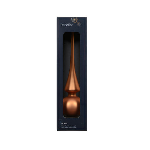 Eine elegante copperfarbene glas baumspitze mit bauchiger basis und schlankem, zugespitztem oberteil