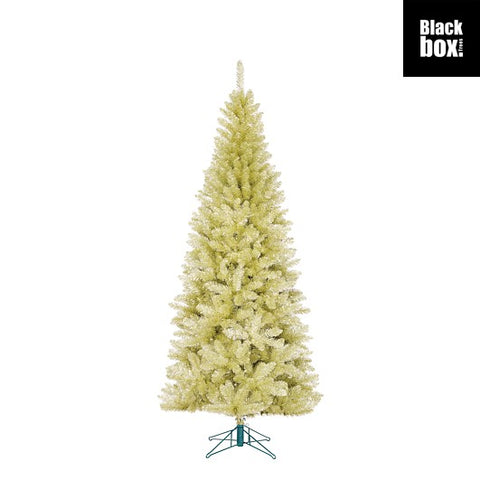 Ein hoher schlanker künstlicher colchester weihnachtsbaum champagner mit frostgrüner optik und dichtem nadelzweigen auf metallständer