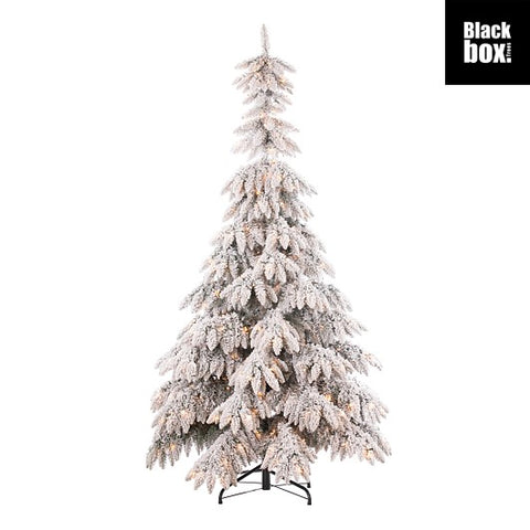 Gefrosteter weißer künstlicher breithorn weihnachtsbaum mit schwarzem metallständer und warmweißen led lichtern