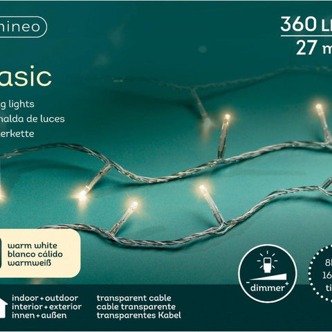 Warmweiße led-lichterkette basic mit transparentem kabel 360 led 27 meter länge und 360 lumen beleuchtung