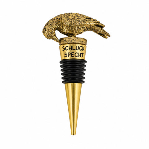 Goldfarbener weinverschluss schluckspecht mit strukturierter vogelfigur und schwarzer gummidichtung 5x2,3x10cm