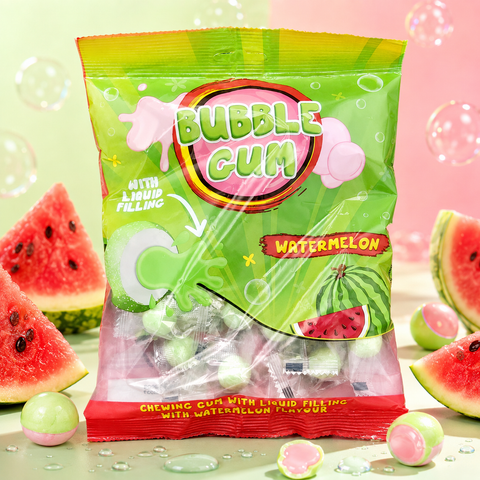 Vibrante grün und rosa tasche mit wassermelonen-kaugummi und spielerischem froschdesign in glänzender folie