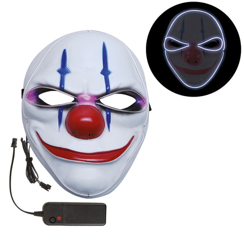 Led-maskee clown weiße clownmaske mit roter nase blauen mustern und leuchtender led-beleuchtung