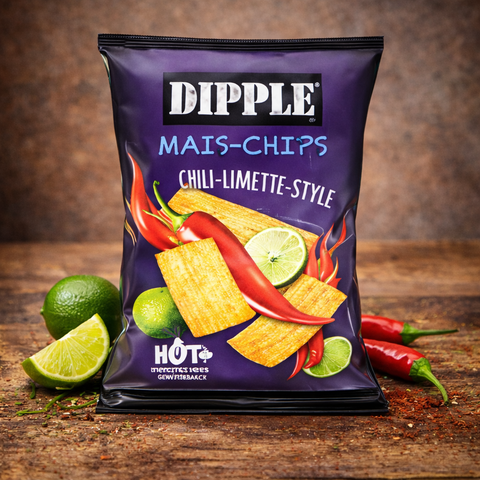 Lila tüte dipple mais-chips hot chilli & lime 90g mit chili-schoten und limettenscheiben in chili-limette geschmack