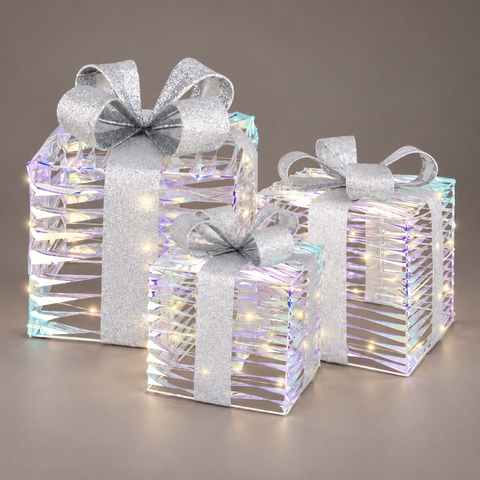 Micro LED Geschenkschachteln iris / warmweiß 25x25x30 cm 3er Set
