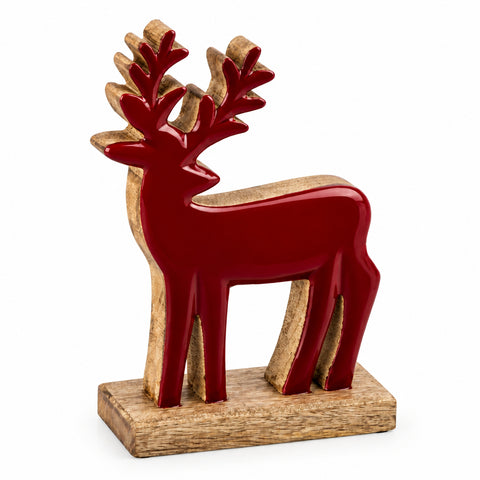 Holzhirsch auf Fuß natur/rot 19x5.5x28cm