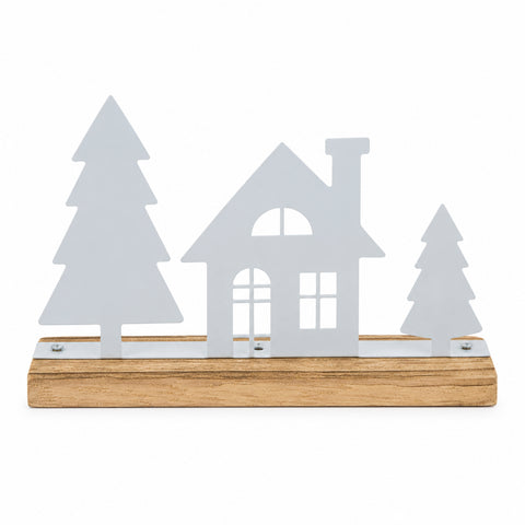 Weißer metall cutout haus und zwei bäume auf naturholzsockel 18x5x12cm metallleiste haus tanne