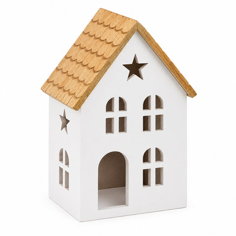 Weißes holz hauslaterne mit naturfarbenem lackiertem dach und sternförmigen ausschnitten mangoholzaus 9x7x12,5 cm