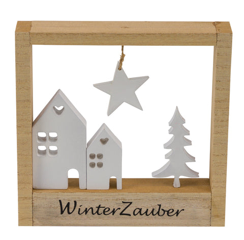 Holzhäuser m.Tanne natur/weiß im Holzrahmen 17.5x3x17cm