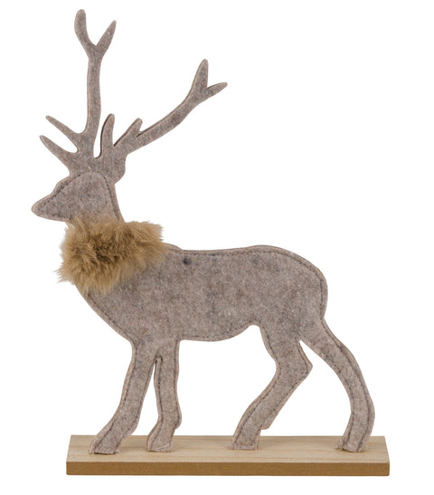 Filzhirsch auf Holzleiste m. Plüschkragen natur 15x4x21cm