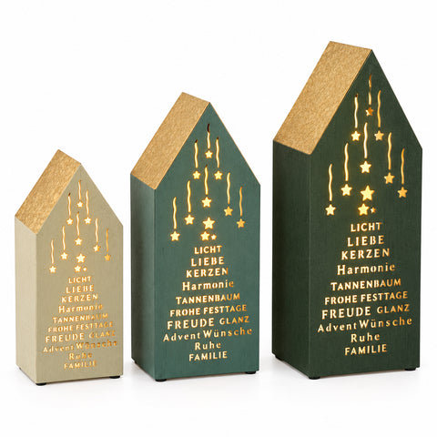 Metallhaus-Windlichtset 3tlg. beige/gold 16x10.5x41cm