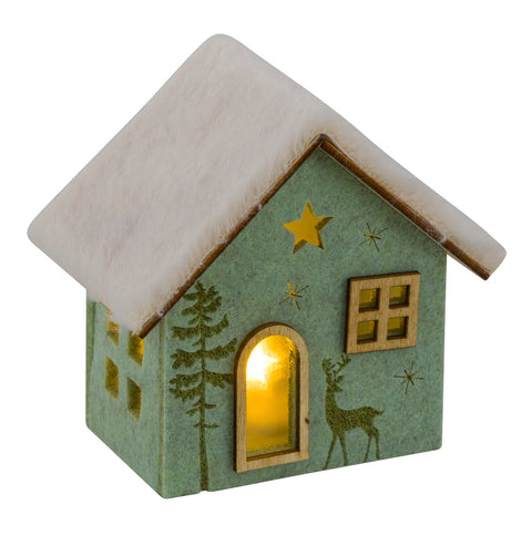 LED-Filzhaus Holz Plüschdach creme/grün 1CR2032.11x7.5x11cm