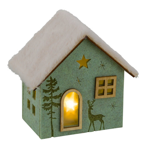 LED-Filzhaus Holz Plüschdach creme/grün 1CR2032.13.5x9x13.5cm