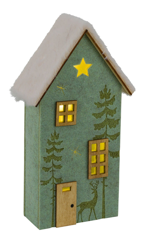 LED-Filzhaus Holz Plüschdach creme/grün 2CR2032.13.5x6.5x25cm