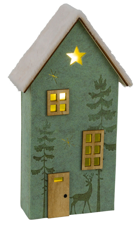 LED-Filzhaus Holz Plüschdach creme/grün 2CR2032.16x7x31cm