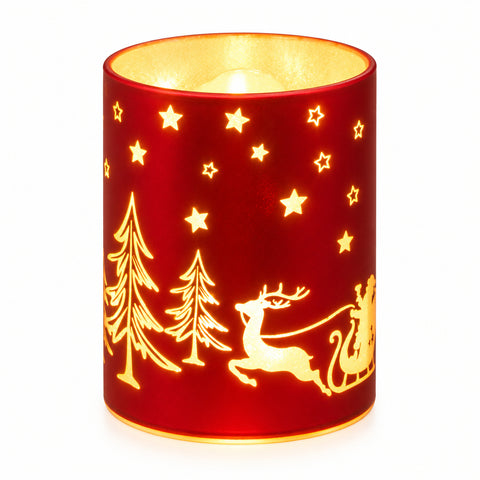 LED-Glaslicht Weihnachtsmotiv rot Timer 3xAAA 7.5x7.5x10cm