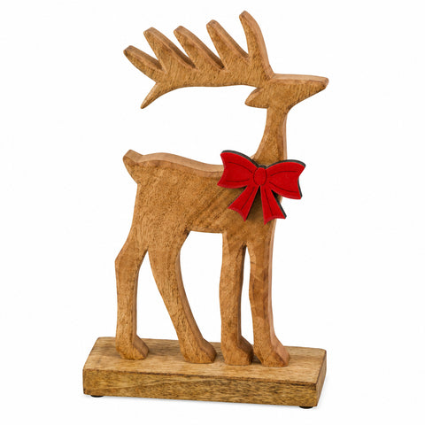 Mangoholz-Rentier Holzfuß nat. rote Schleife 19x6.5x32cm