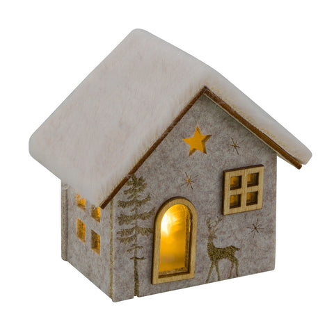 LED-Filzhaus Holz/Plüschdach Cremetöne 1xCR2032.12x7.5x11cm