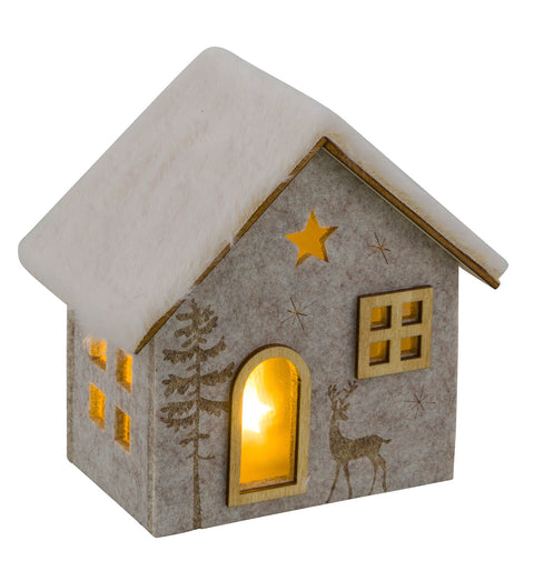 LED-Filzhaus Holz/Plüschdach Cremetöne 1xCR2032.13.5x9x13.5cm