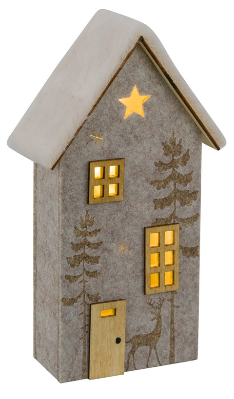 LED-Filzhaus Holz/Plüschdach Cremetö. 2CR2032.13.5x6.5x25.5cm