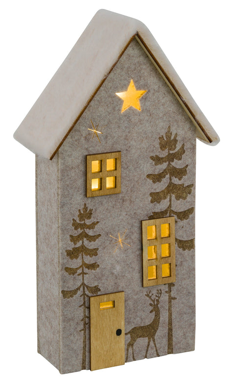 LED-Filzhaus Holz/Plüschdach Cremetöne 2xCR2032.16x7x31cm