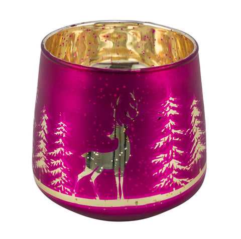 Glaswindlicht m.Hirsch/Tanne pink innen gold 14.5x14.5x14.5cm
