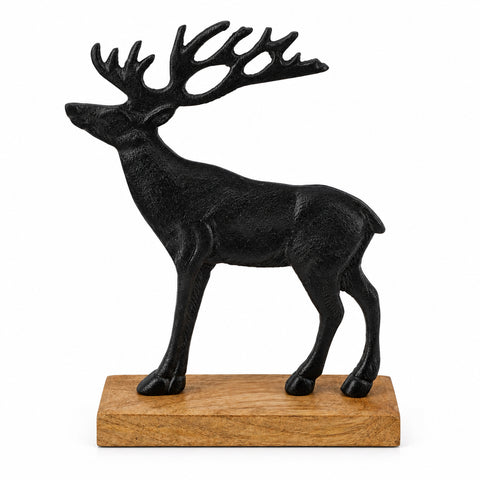 Schwarzer gusseisen hirsch auf naturholzsockel alurentier 11x6x17cm elegante dekoration
