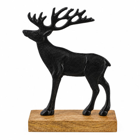 Schwarzer gusseisen hirsch als figurin stehend auf naturholzsockel 17x6x23 cm