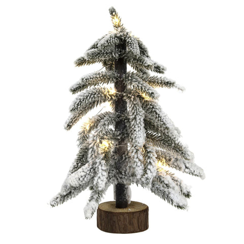 Frostbedeckter künstlicher weihnachtsbaum w-baum 12led 30cm grün mit warmen led-lichtern und rustikalem holzfuß