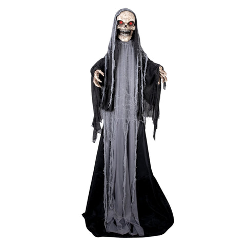 Ein wachsende reaper 180-240 cm animierte skelettfigur mit schwarzer und grauer robbe und glühenden roten augen
