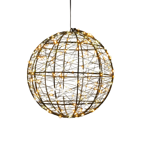 Eine kugelförmige pendelleuchte ball metall 300led flash mit dunklem metallrahmen und warmweißen led-lichtern