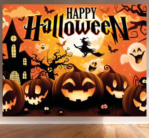 Stoffbanner happy halloween 220x150 cm mit leuchtenden orangen kürbissen, hexenbesen und gruseligen silhouetten