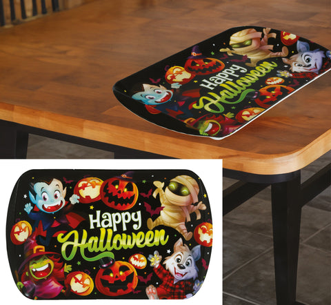 Schwarzes halloween-tablett kleine monster 39x24 cm mit bunten cartoon-monstern vampire mumie und hexe samt leuchtenden kürbissen