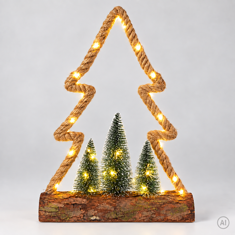 Weihnachtsfigur aus Jute auf Holzsockel mit Metallrahmen und 45 warmweißen LEDs
