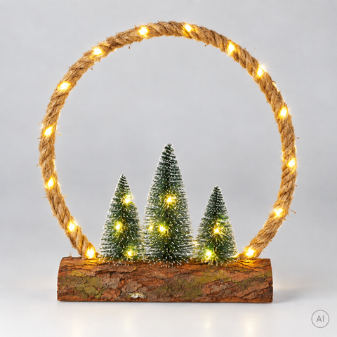 Weihnachtsfigur aus Jute auf Holzsockel mit Metallrahmen und 45 warmweißen LEDs