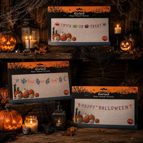 Halloween papiergirlande mit bunten kürbissen und gruselmotiven auf orange schwarzer singer verpackung