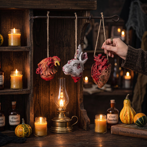 Eine hand hält einen hängenden rot-weißen tierkopf ornamen mit realistischen details aus tierköpfe zum aufhängen