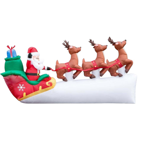 Aufblasbarer santa im schlitten 310cm mit rotem schlitten und drei braunen rentieren in festlichen farben
